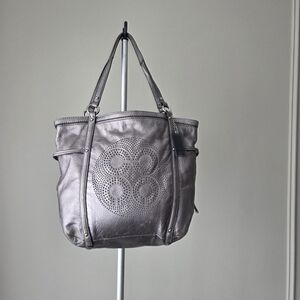 Coach Metallic Silver Perforated Leather Tote Bag #1259-19568